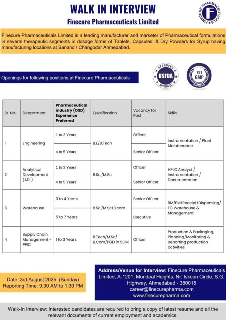 Finecure Pharmaceuticals Hiring in Ahmedabad 