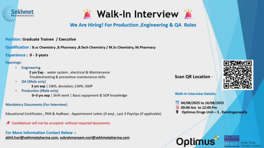 Walk-In Interview: Sekhmet Pharmaventures Hiring