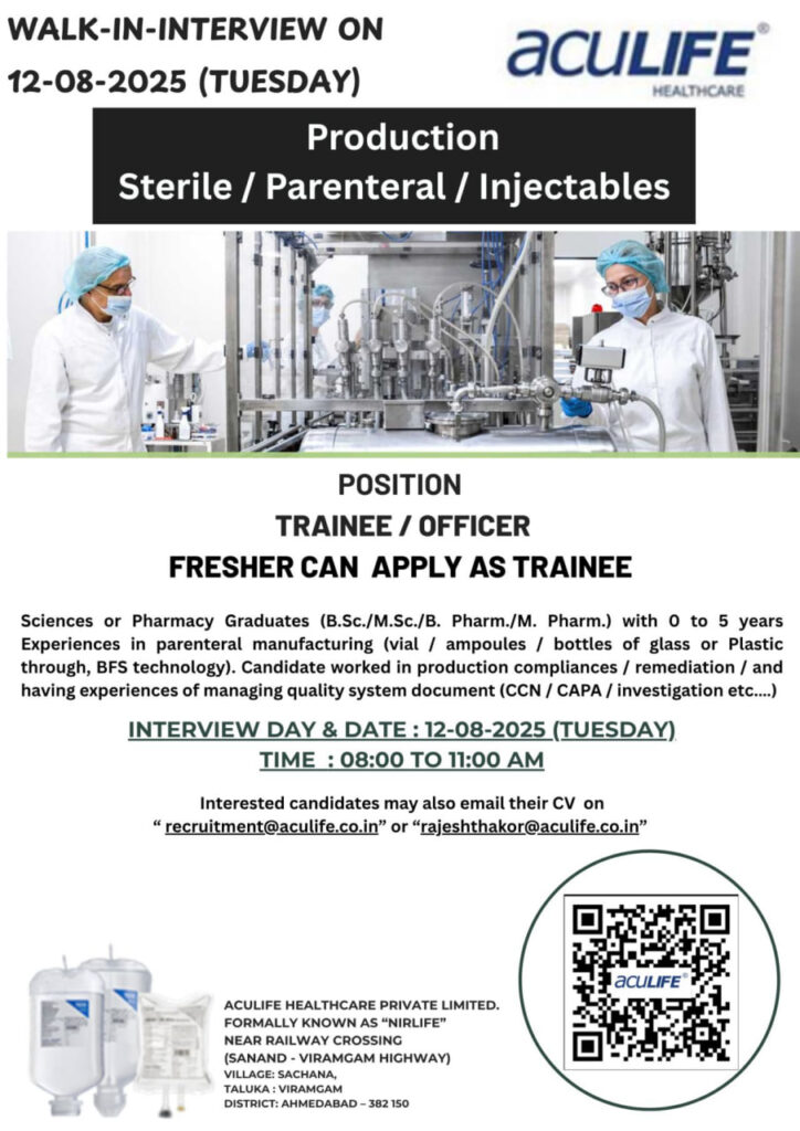 Aculife Healthcare Walk-In Interview – B.Sc./M.Sc./B.Pharm/M.Pharm Freshers Can Apply as Trainees