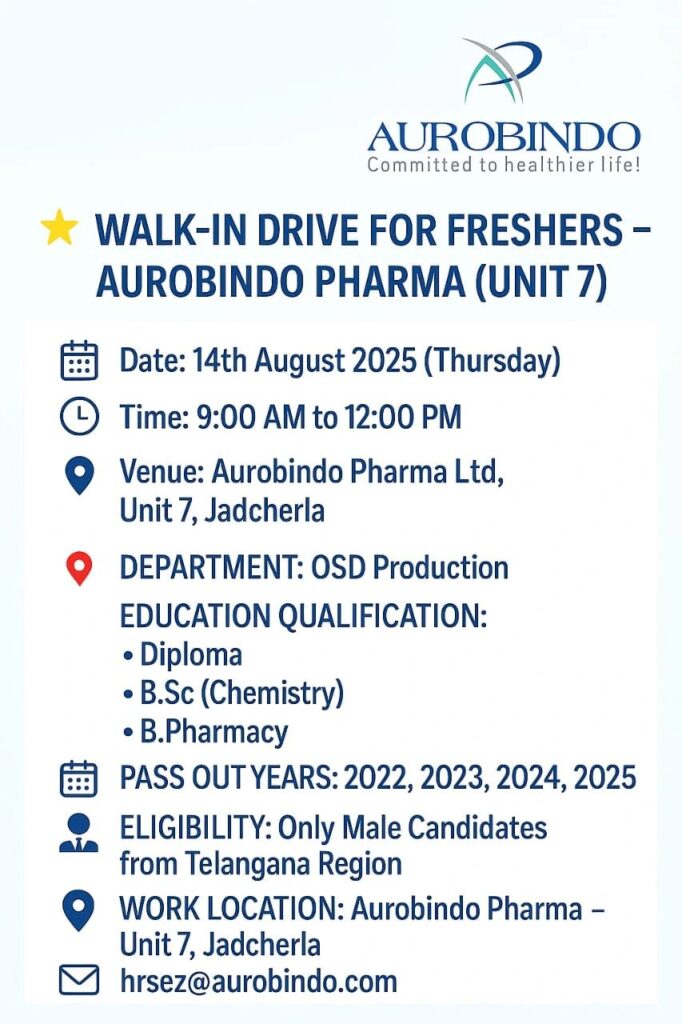 Walk-In Drive for Freshers – Aurobindo Pharma (Unit 7), Jadcherla