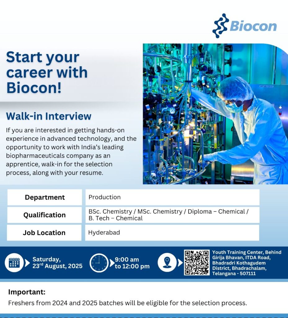 Biocon Walk-in Interview for Freshers