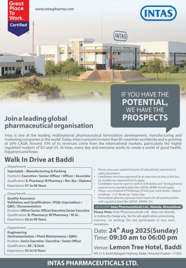 Join Intas Pharmaceuticals at the Walk-in Drive in Baddi 
