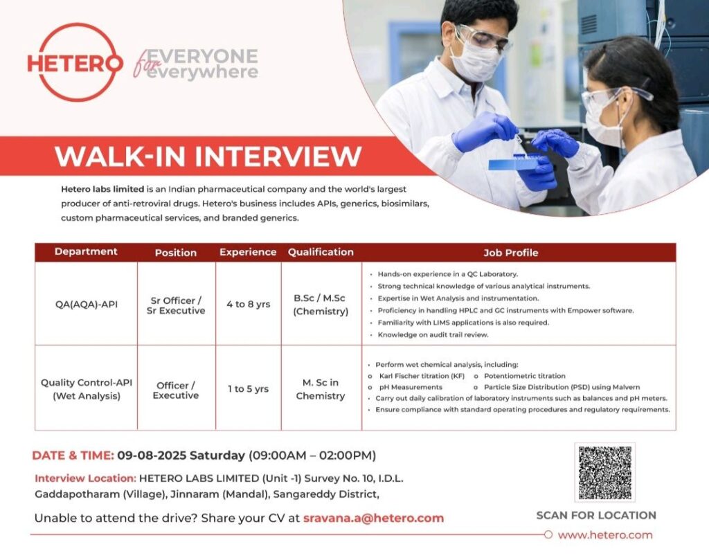 Hetero Labs Walk-In Interview 2025 | QA & QC Chemistry Jobs