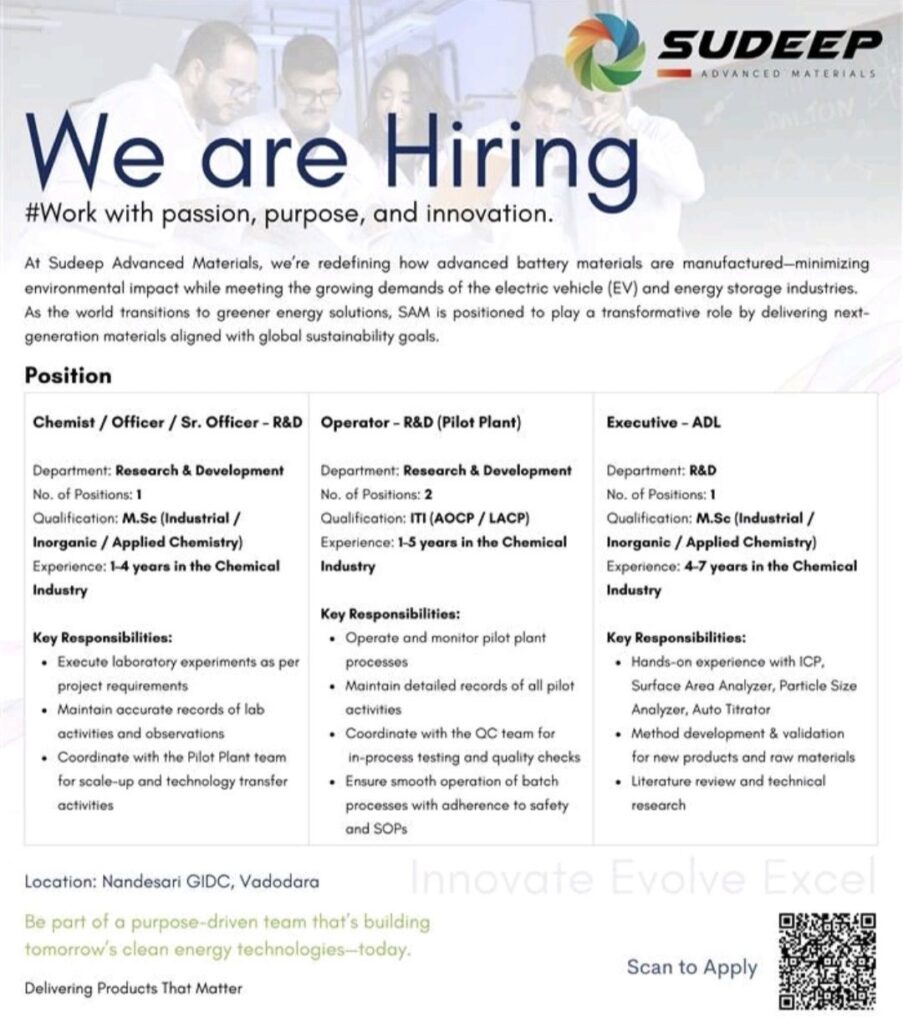 Sudeep Advanced Materials is Hiring| R&D & ADL Jobs in Vadodara