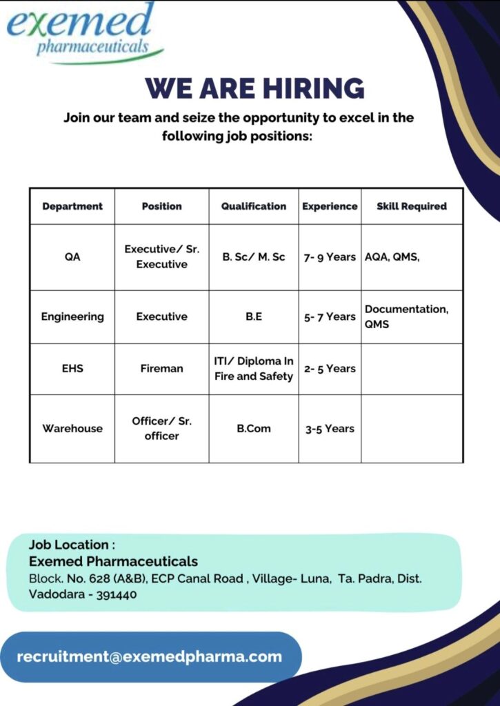 Apply now at Exemed Pharmaceuticals!