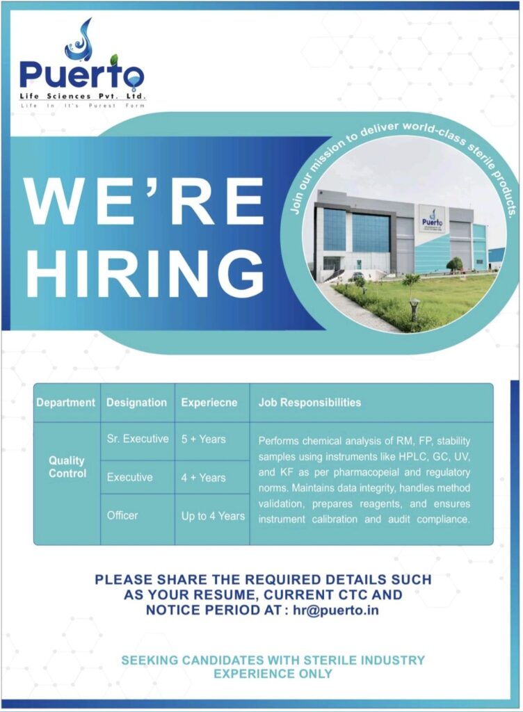 Puerto Life Sciences Pvt. Ltd. Hiring for Quality Control Department