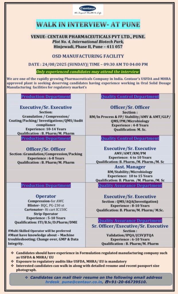 Centaur Pharmaceuticals Walk-in Interview in Pune