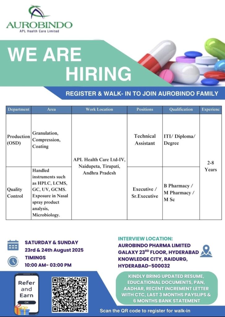Aurobindo Pharma Walk-In 2025 | Hiring for Production (OSD) & Quality Control