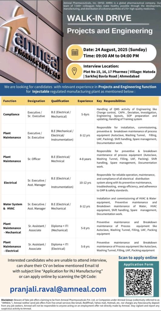 Amneal Pharmaceuticals Walk-In Drive 2025 for Projects and Engineering Roles
