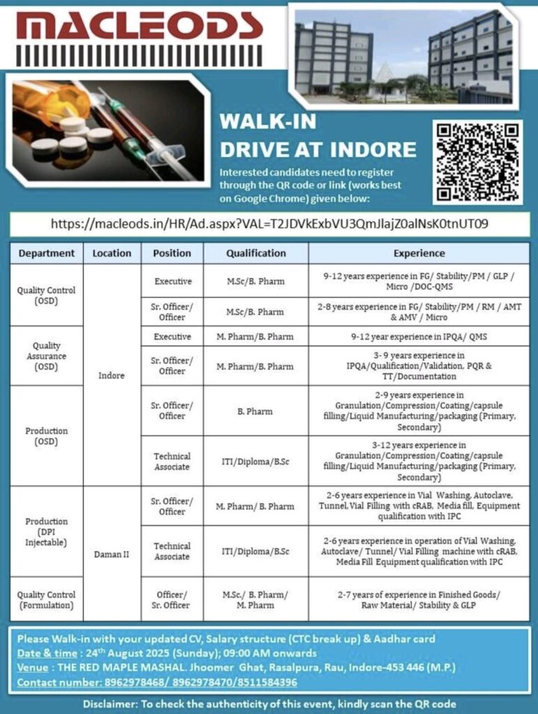Macleods Walk-In Drive at Indore | Multiple Openings in QC, QA & Production