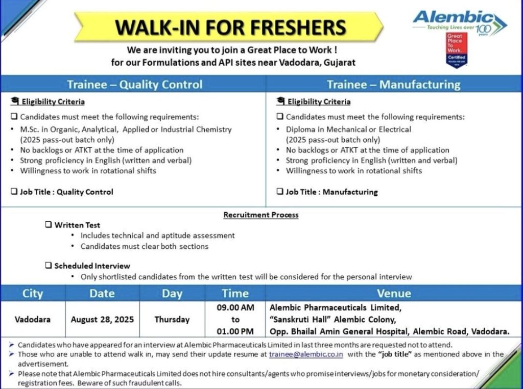 Alembic Pharmaceuticals Walk-In Drive for Freshers at Vadodara