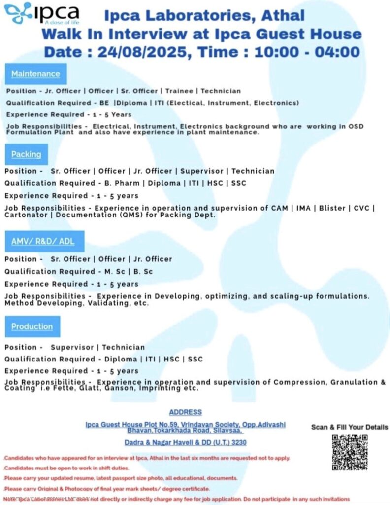 Ipca Laboratories Walk-In Interview at Athal – Multiple Openings