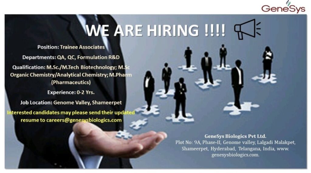 GeneSys Biologics Hiring Trainee Associates in QA, QC & Formulation R&D