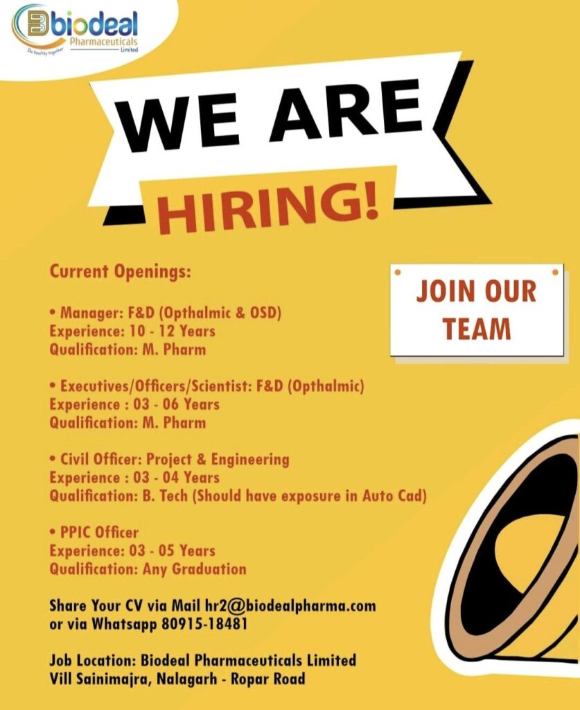 Biodeal Pharmaceuticals Hiring for Multiple Positions