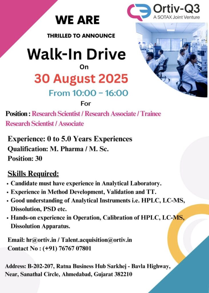 Ortiv-Q3 Announces Walk-In Drive for Research Scientists and Associates