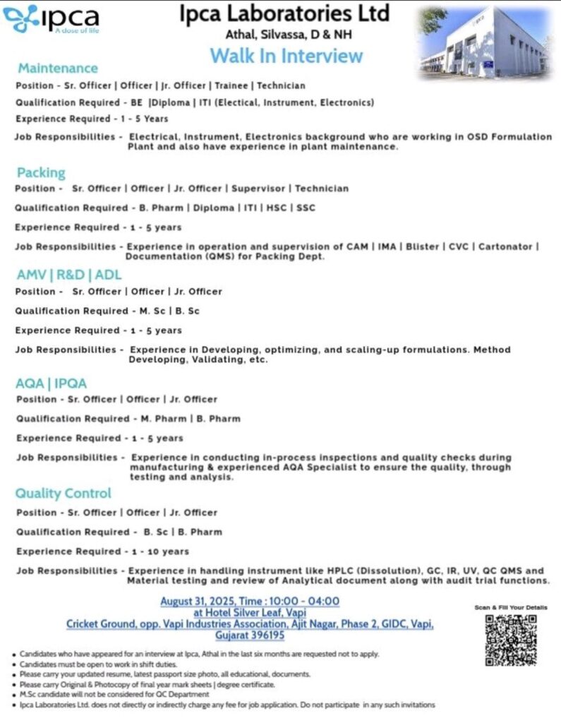 Ipca Laboratories Ltd Hiring: Walk-In Interview for Multiple Roles