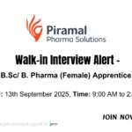 Walk-In Interview for B.Sc/B. Pharma (Female) Apprentice at Piramal Pharma