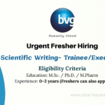 BVG Life Sciences Limited Hiring – Scientific Writing Trainee/Executive