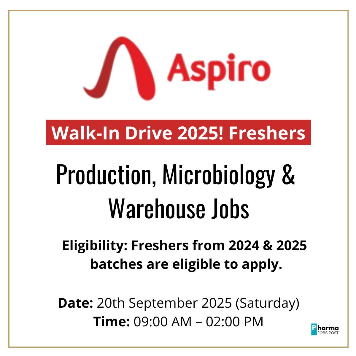 Aspiro Pharma Walk-in Interview for Freshers on 20th September 2025 ...
