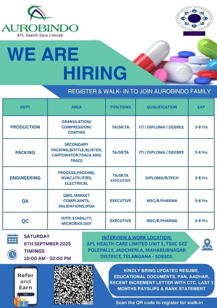 Aurobindo Pharma Hiring: Walk-In Interviews at Jadcherla