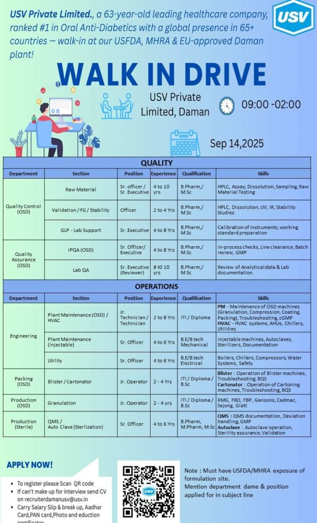 USV Private Limited Announces Walk-In Drive at Daman Plant