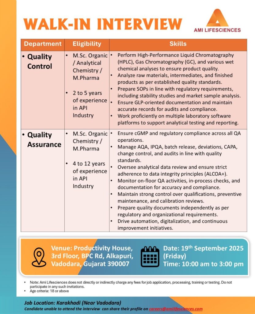 Ami Lifesciences Hiring in Vadodara | Walk-In for QC & QA Careers