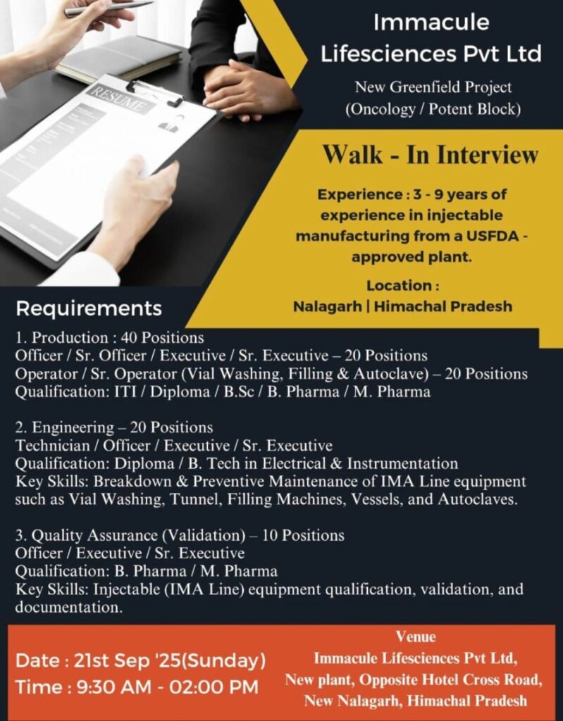 Immacule Lifesciences Pvt Ltd Announces Walk-In Interviews
