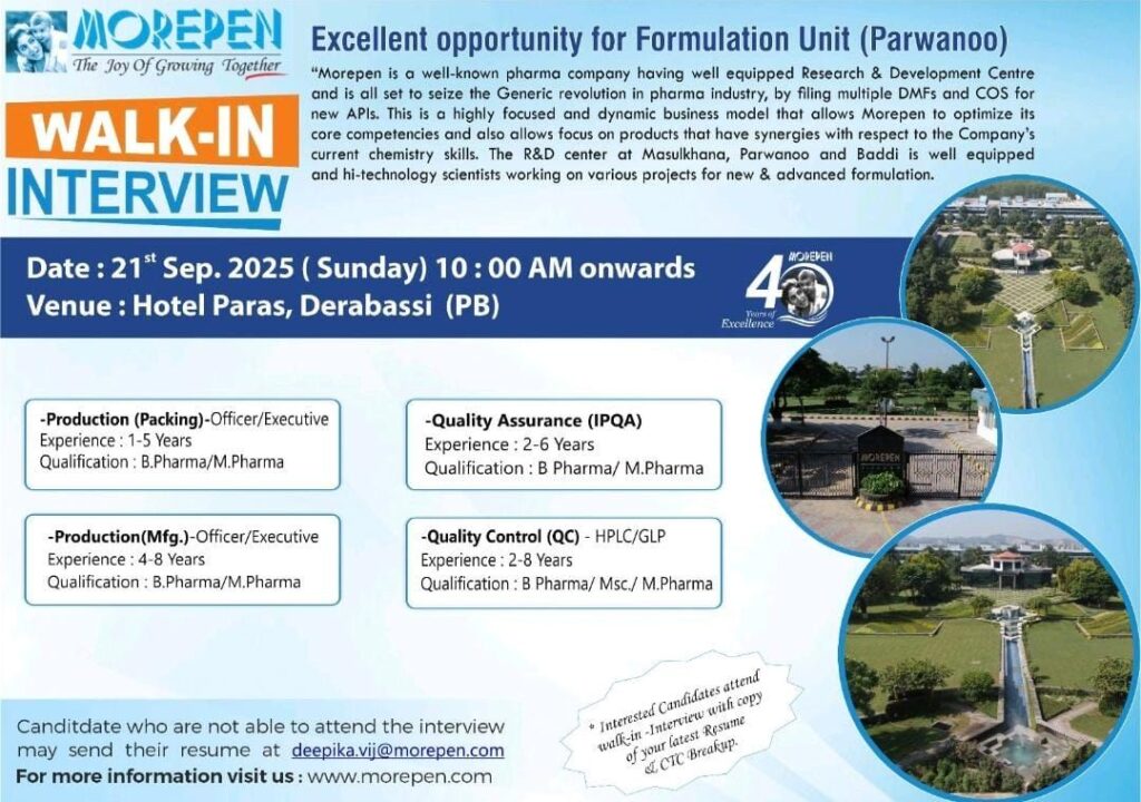Morepen Laboratories Walk-In Interview in Derabassi for Production, QA & QC Roles