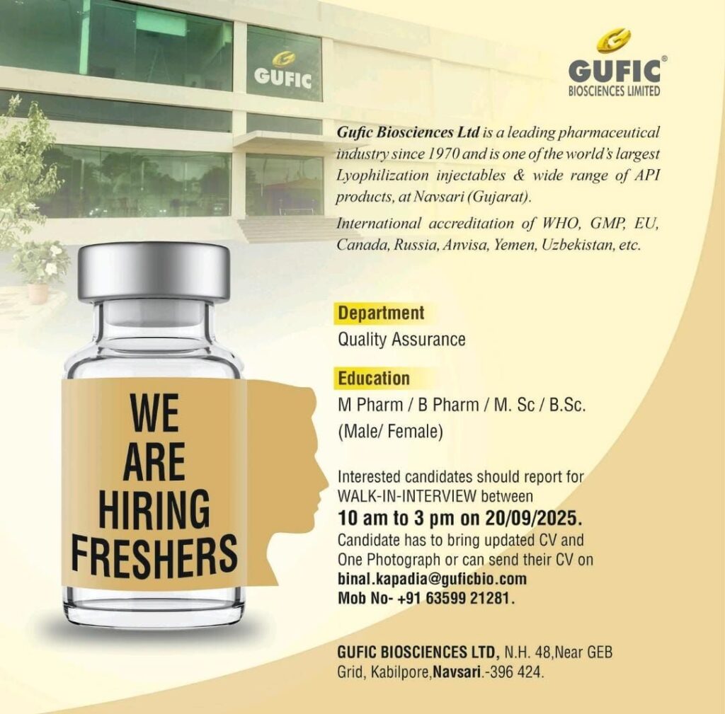 Gufic Biosciences Ltd. Announces Walk-in Interviews for Freshers