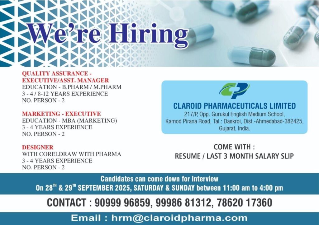 Claroid Pharmaceuticals Limited Announces Walk-in Interviews for Multiple Vacancies