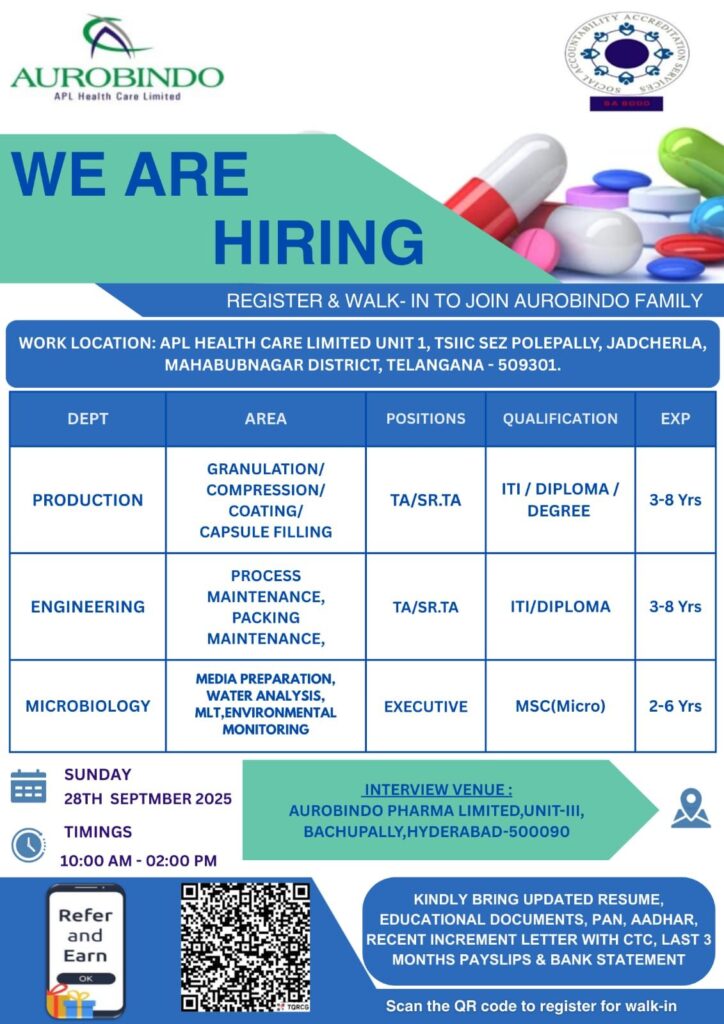 Aurobindo Pharma Announces Walk-In Interviews for Multiple Roles