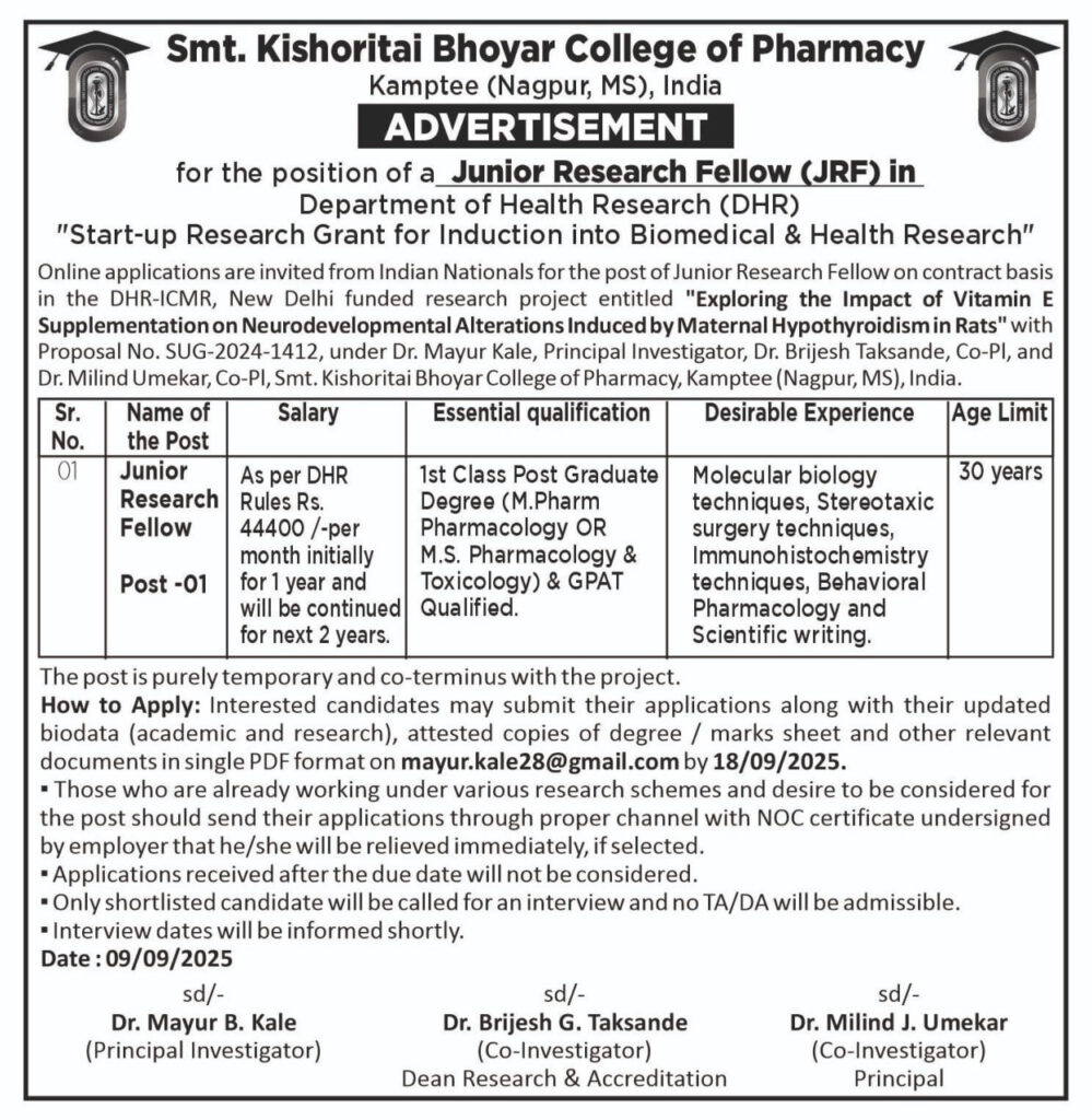 Junior Research Fellow (JRF) at Smt. Kishoritai Bhoyar College of Pharmacy, Kamptee (Nagpur, MS)