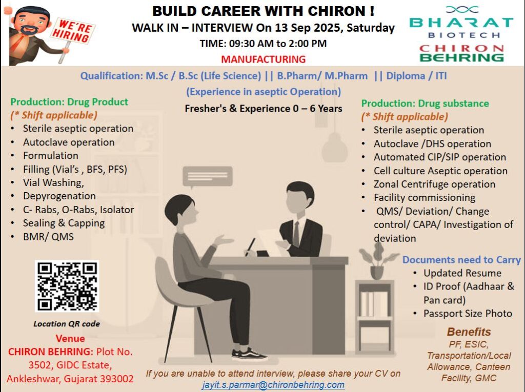 Join Bharat Biotech Chiron Behring for a walk-in interview