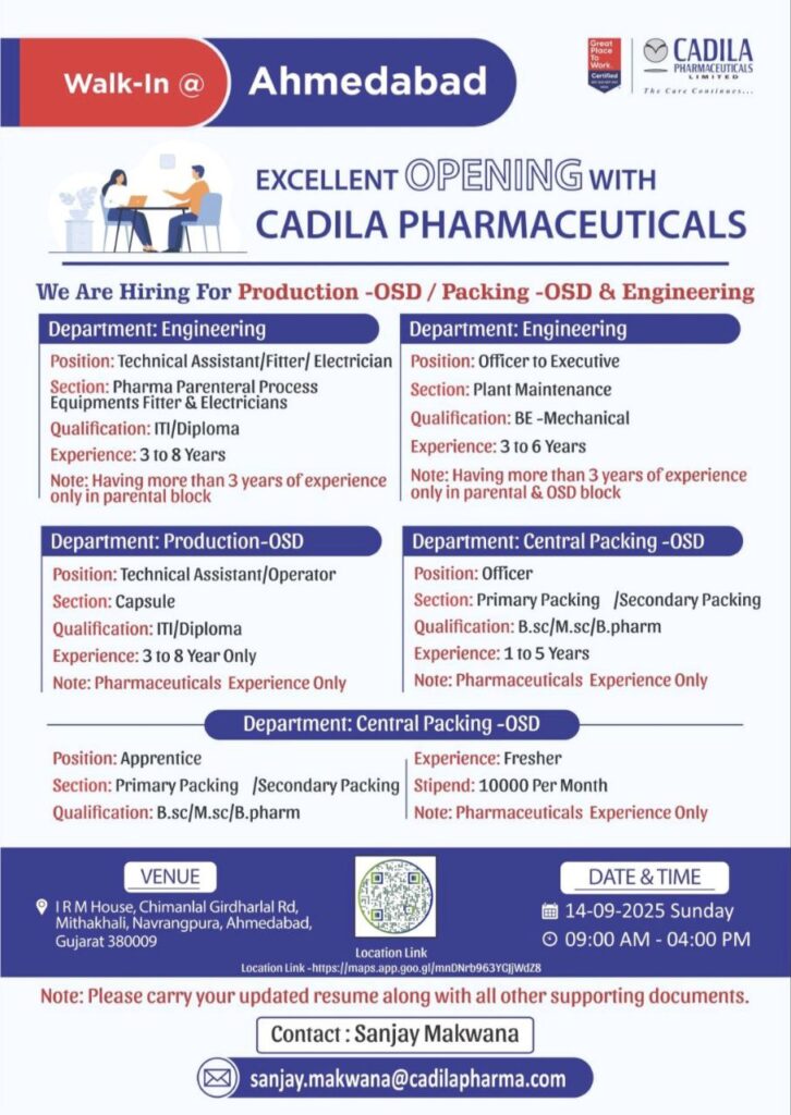 Walk-In Interview at Ahmedabad: Excellent Career Openings with Cadila Pharmaceuticals