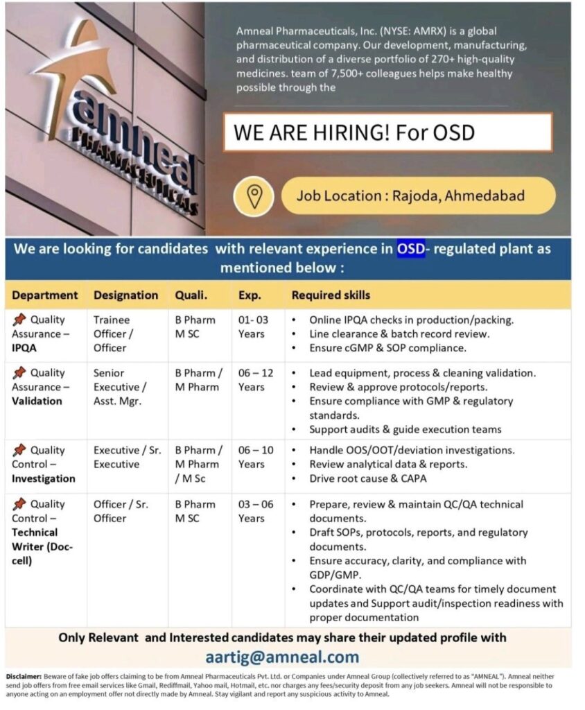 Amneal Pharmaceuticals is Hiring for OSD Manufacturing at Rajoda, Ahmedabad