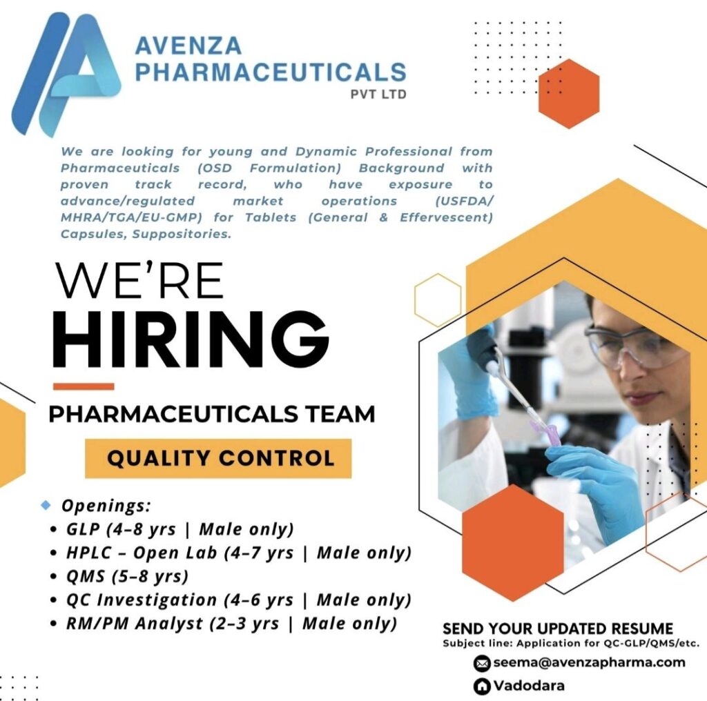 Avenza Pharmaceuticals Hiring Quality Control Professionals in Vadodara