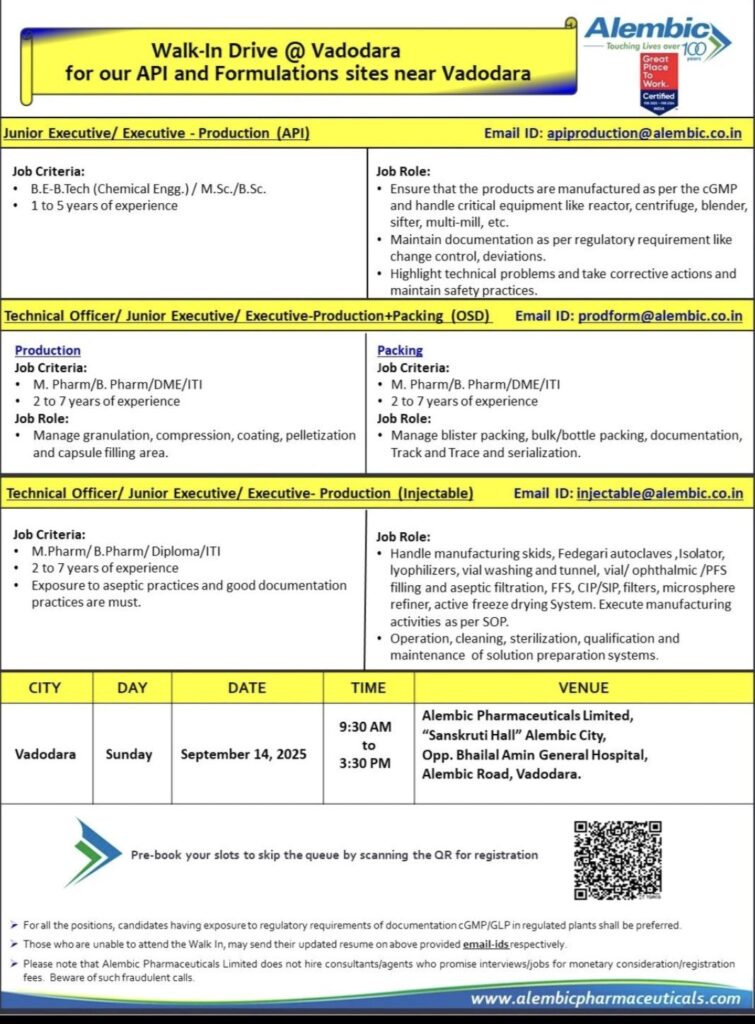 Alembic Pharmaceuticals Announces Walk-In Drive in Vadodara for API and Formulation Units