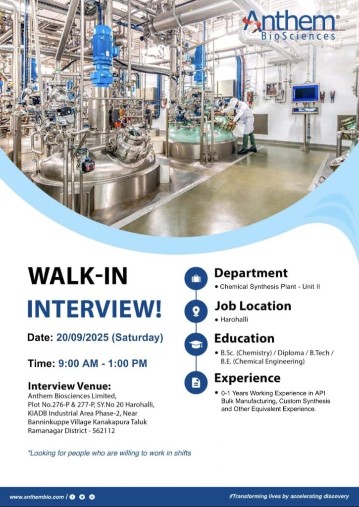 Anthem Biosciences Announces Walk-In Interview for Chemical Synthesis Plant