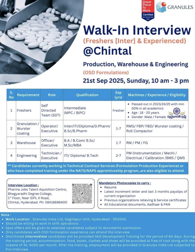 Granules India Ltd Walk-In Interview 2025 | Production, Warehouse & Engineering Jobs