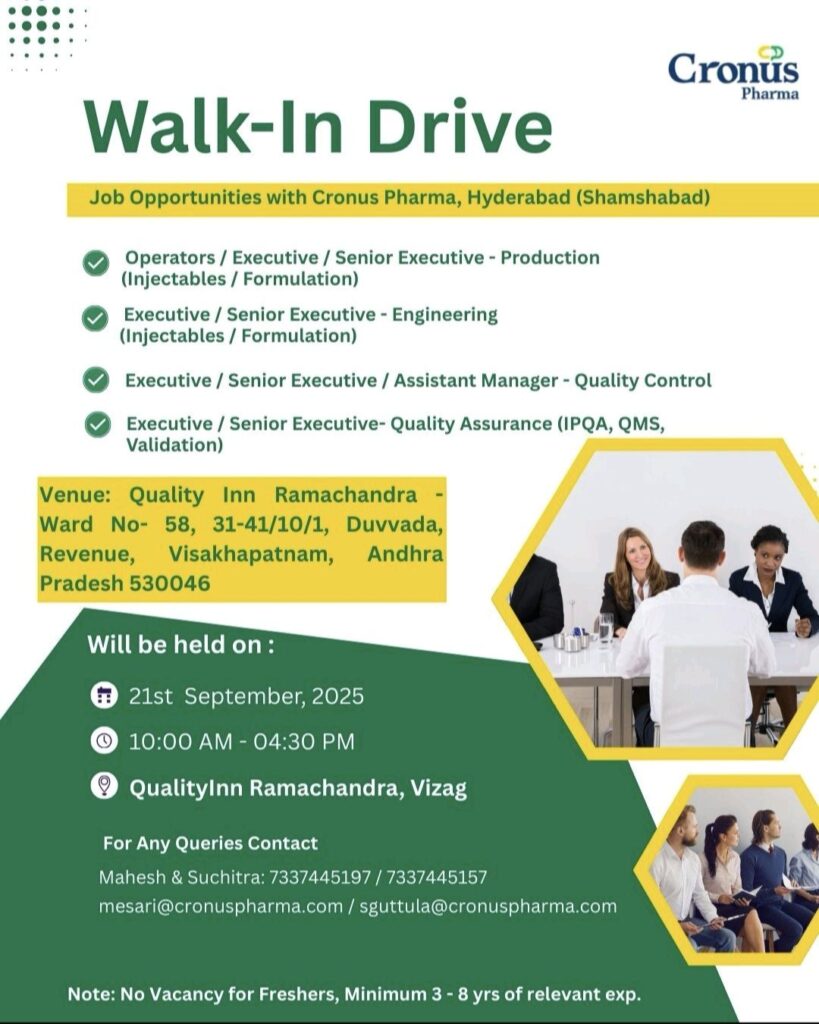 Cronus Pharma Careers 2025: Walk-In Interview in Visakhapatnam