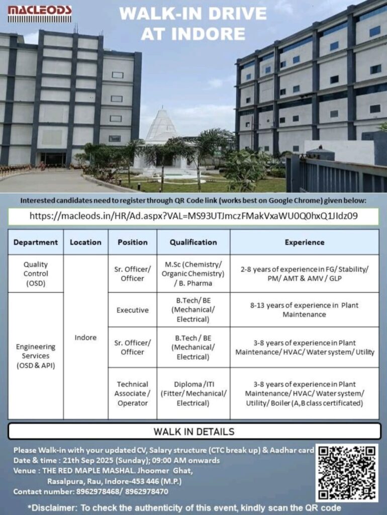 Macleods to Conduct Walk-In Drive in Indore