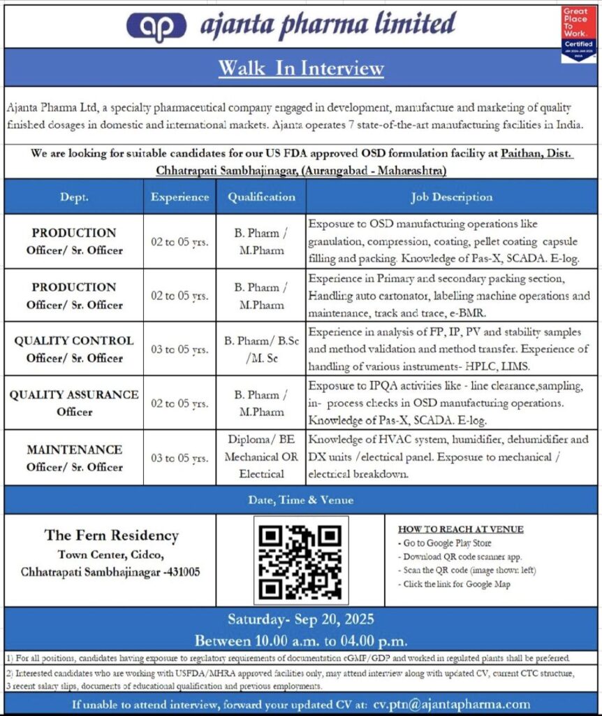 Ajanta Pharma Limited Announces Walk-In Interviews for Multiple Positions
