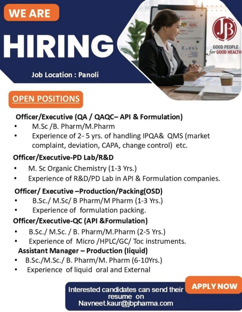 JB Chemicals Pharma Hiring at Panoli | QA, QC, R&D & Production Openings