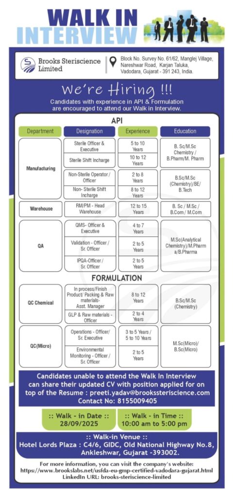 Brooks Steriscience Walk-In Interview | API, QA, QC, Warehouse & Microbiology Jobs