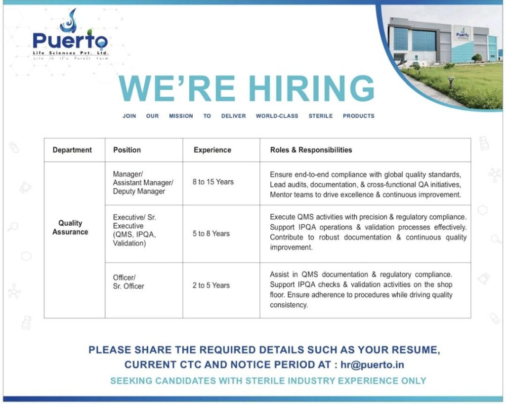 Puerto Life Sciences Hiring for Quality Assurance Roles