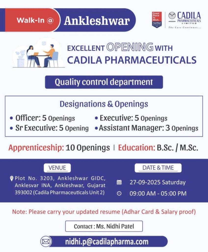 Walk-In Interview at Cadila Pharmaceuticals Ankleshwar – Quality Control Openings