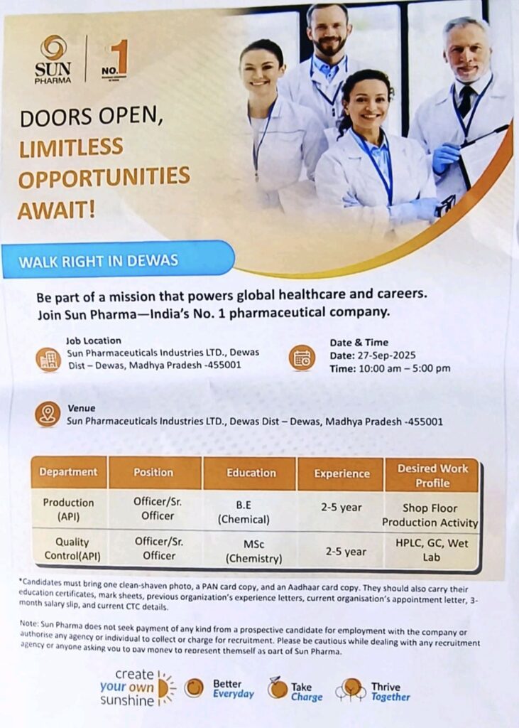 Sun Pharma Walk-In Drive 2025 at Dewas | Officer/ Sr. Officer Jobs