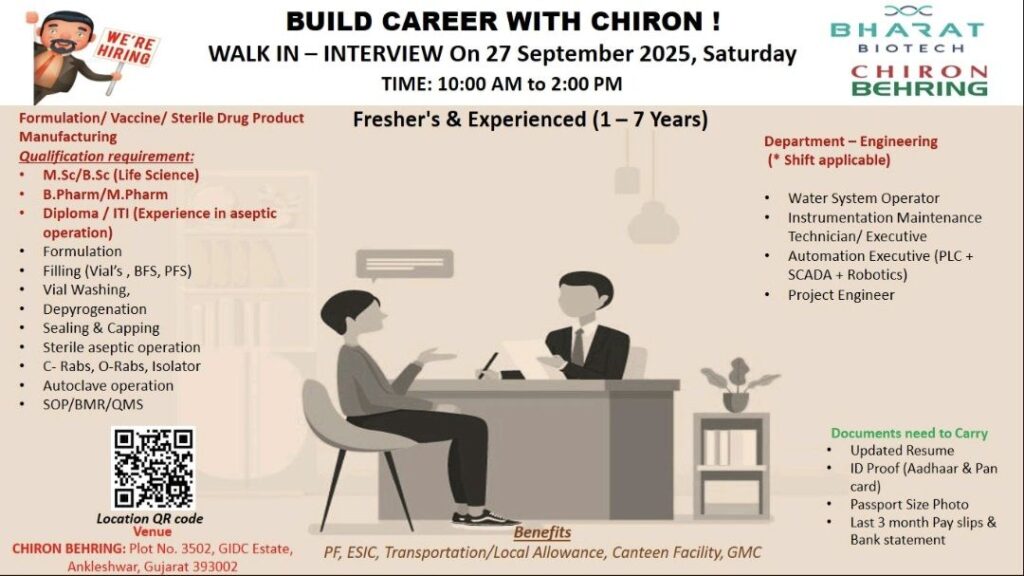 Bharat Biotech Chiron Behring Walk-In Interview| Freshers & Experienced Jobs in Ankleshwar