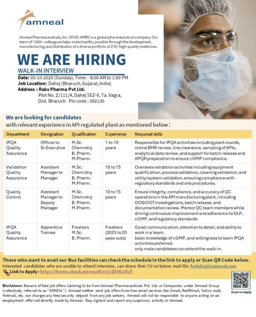 Amneal Pharmaceuticals Hiring: Walk-In Interview for Multiple Roles 