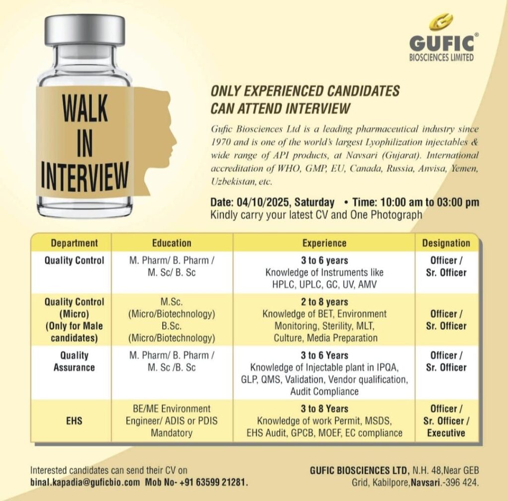 Gufic Biosciences Ltd – Walk-In Interviews for Experienced Pharma Professionals | QC, QA & EHS Jobs